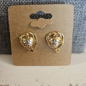 Vintage Sterling Silver with Gold Overlay Heart Shaped Earrings With Leaf Design